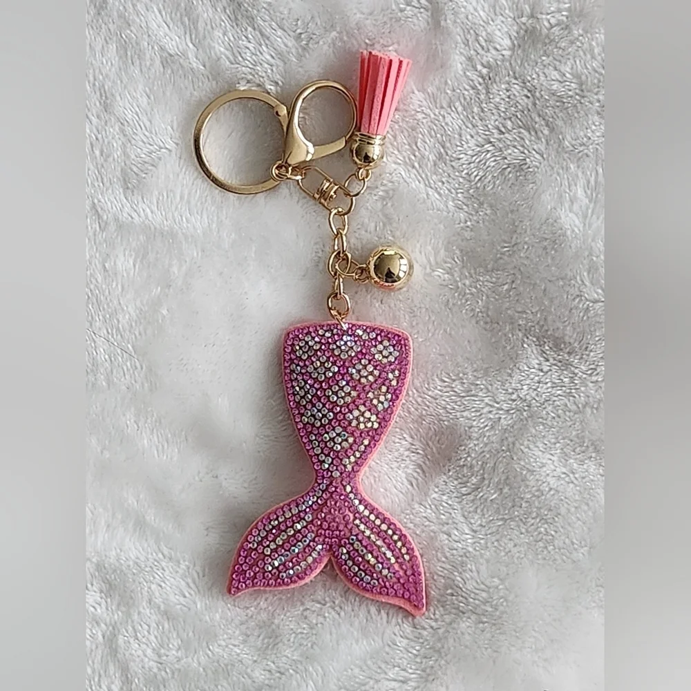 Pink Mermaid Tail Keychain with Gold Accents Bag Charm